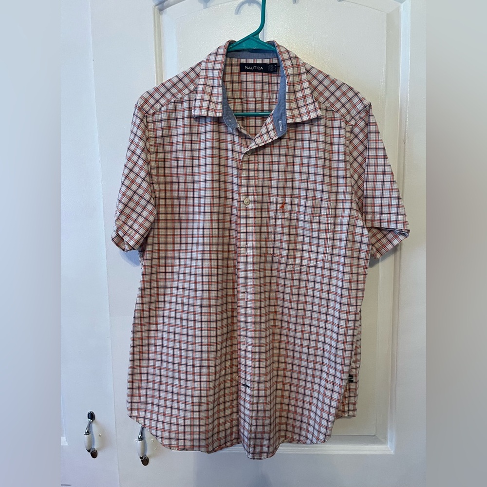 Nautica Men's Red orange and White Plaid Shirt. Size medium. EUC.